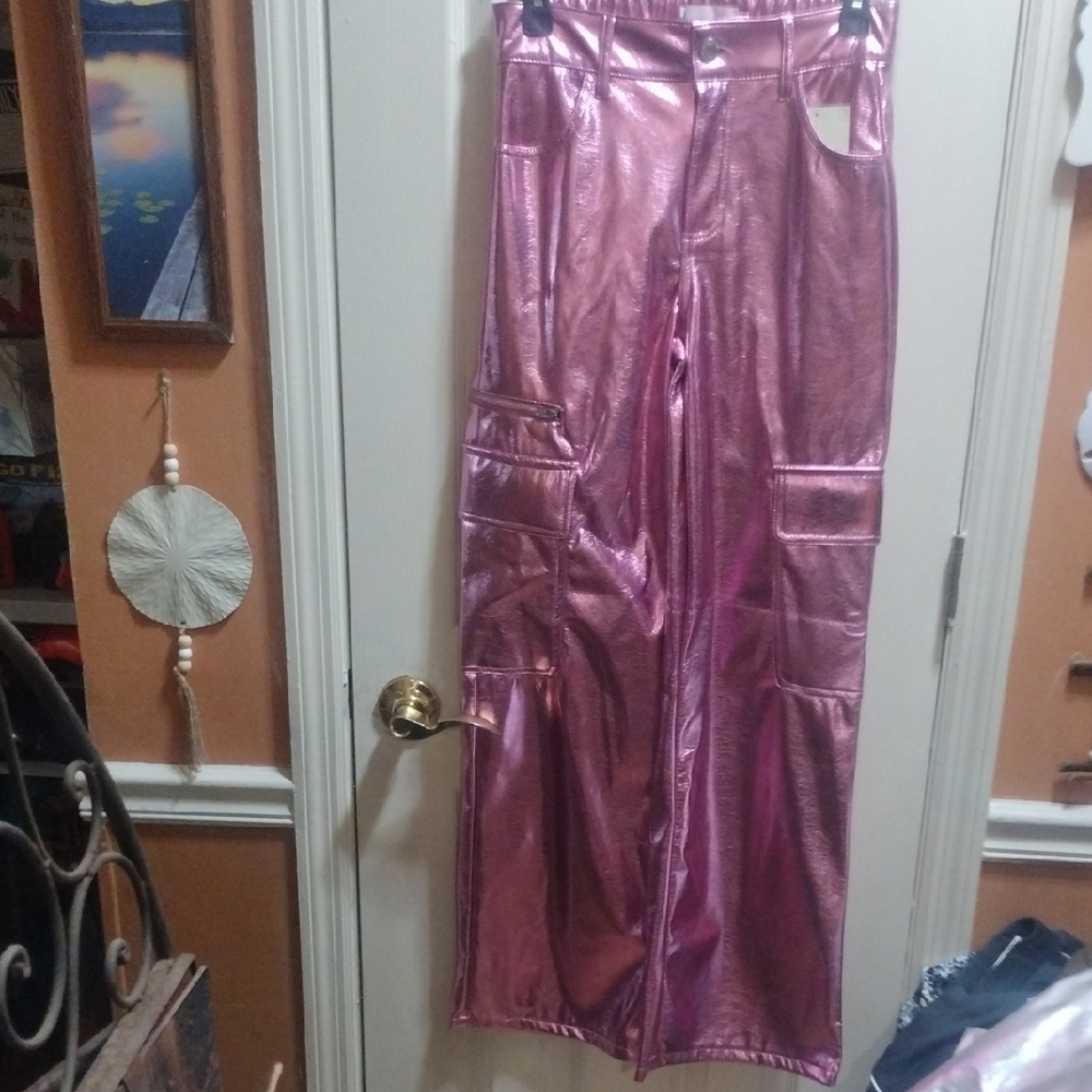No Boundaries Metallic Pink Wide-Leg Cargo Pants